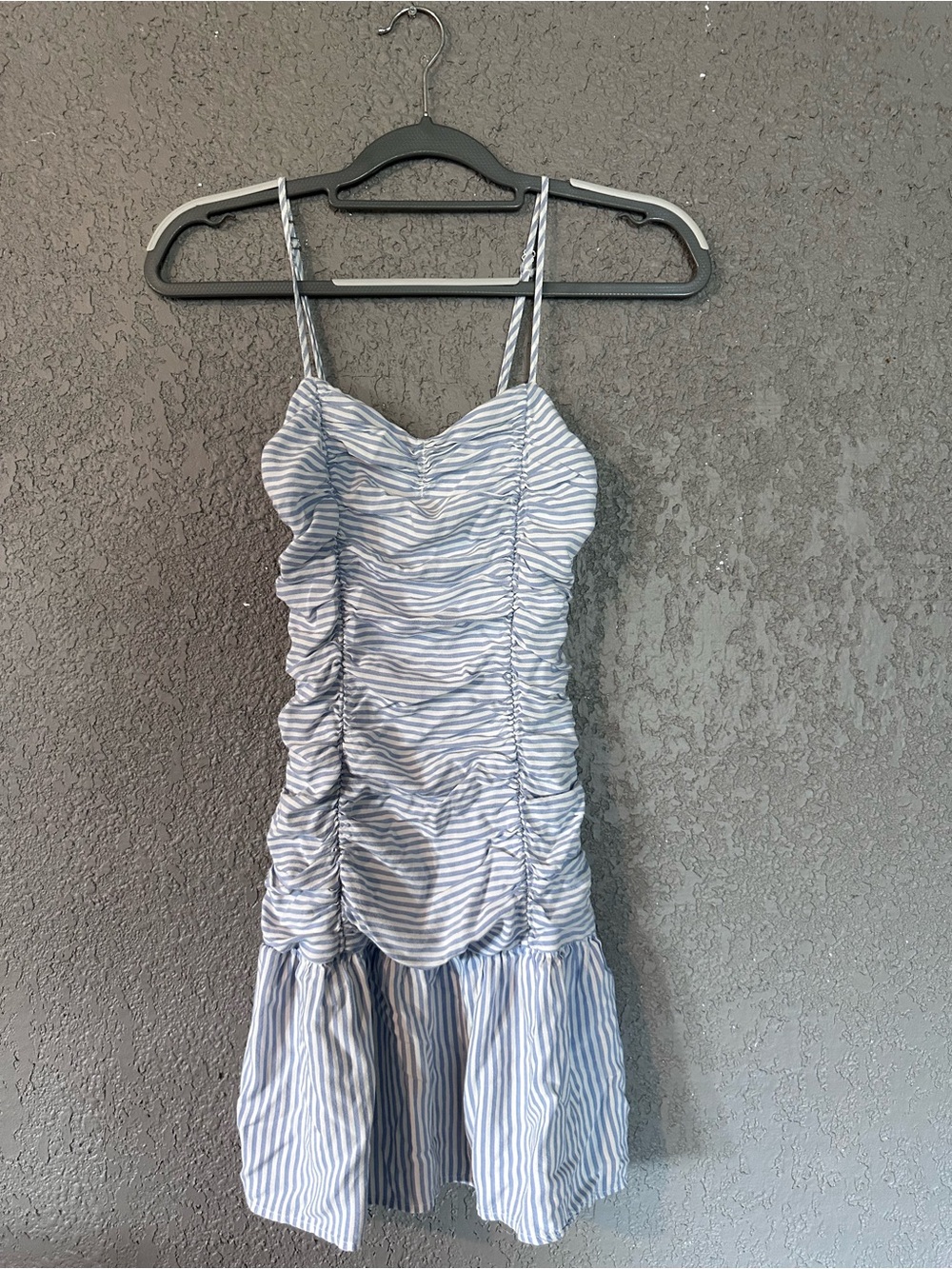 SO Blue and White Striped Ruched Spaghetti Strap Mini Dress